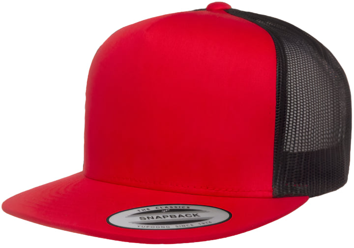 Custom Leather Patch on Yupoong 6006T Trucker Hat Flat Bill 2-Tone Colors